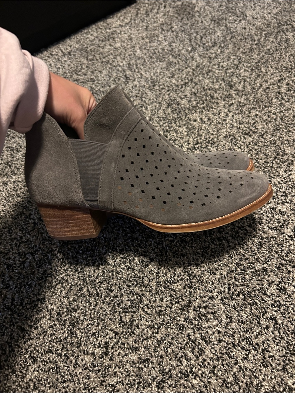 Earth Gray Suede Perforated Block Heel Ankle Booties